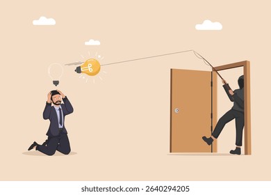 Businessman Distraught as a Thief Steals His Bright Idea Through a Doorway Using a Fishing Rod, Symbolizing Intellectual Property Theft and Idea Plagiarism.