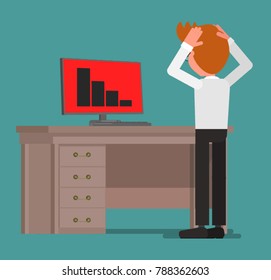 The businessman is distressed because of the decline in the indicator on the screen. Vector illustration. Flat design style.
