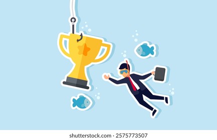 A businessman dives with fish trying to take a fishing bait shaped like a trophy, illustration of efforts to improve and achieve business accomplishments