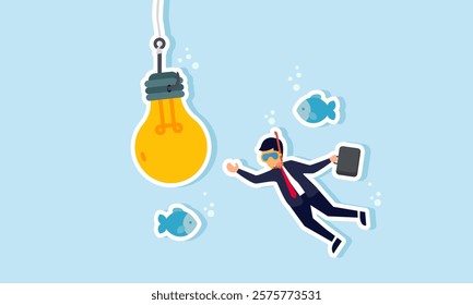 A businessman dives with fish trying to take a fishing bait shaped like a lamp, illustration of efforts to come up with business ideas