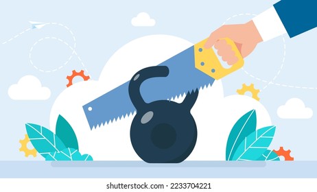 A businessman divides a difficult task in half. A man cuts a weight with a saw. Concept business. High workload, deadline office worker, conscientious worker, hard task. Vector flat illustration