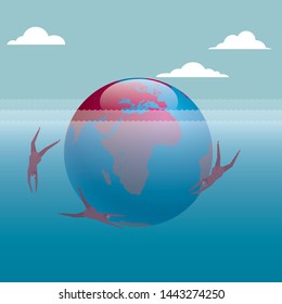  Businessman diving, around the earth. The background is blue.	