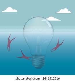Businessman diving, around the light bulb. The background is blue.