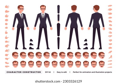 Businessman DIY character constructor. Office man figure parts. Head, leg, hand gestures, female manager different emotions. Vector flat style cartoon construction kit isolated on white background