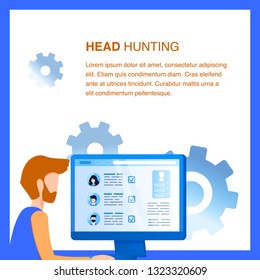 Businessman do Head Hunting at Computer Screen. Employee Recruiting. Male Bearded Character Office Work. Social Media Data Analysis. Laptop Display. Flat Cartoon Vector Illustration