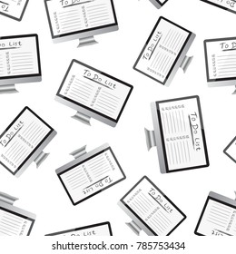 Businessman to do list, checklist with computer monitor seamless pattern background. Business flat vector illustration. Checklist, task list symbol pattern.