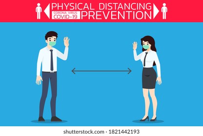 Businessman do the physical distancing to prevent coronavirus or covid-19. The prevention and maintain to wear face mask and safe distance from the other people in the office. Virus protection rule.
