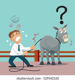 Businessman do pull fool donkey, vector illustration cart