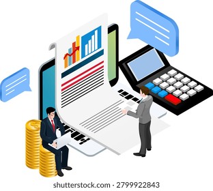 Businessman document chart laptop calculator coin finance analysis teamwork communication office data report digital technology professional planning growth investment success strategy discussion
