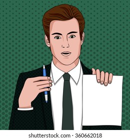  Businessman with document and pen. Vector illustration of man in pop art style