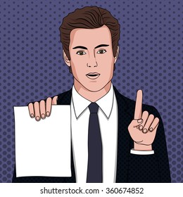  Businessman with document. Vector illustration of man in pop art style