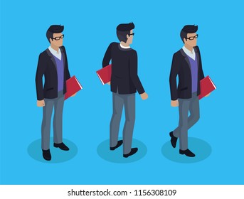Businessman with documents carrying files. Man wearing formal suit and glasses. Executive chief of business enterprise icons set isolated on vector