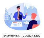 Businessman with documents talking to man at office table. Human recourses manager telling about company flat vector illustration. Job interview, HR, recruitment concept for banner, website design