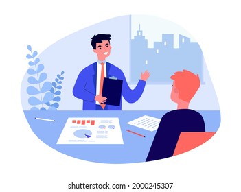 Businessman with documents talking to man at office table. Human recourses manager telling about company flat vector illustration. Job interview, HR, recruitment concept for banner, website design