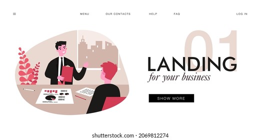 Businessman with documents talking to man at office table. Human recourses manager telling about company flat vector illustration. Job interview, HR, recruitment concept for banner, website design
