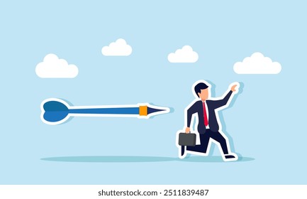 A businessman dodging arrows while running for safety, Illustration concept of Racing against project deadlines to speed up business tasks