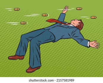 businessman dodging bullets like superhero pop art retro vector illustration. Comic book style imitation.