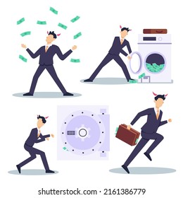 Businessman does the dark side of business by cheating, embezzling, taking bribes, stealing, corruption, and laundering money. Flat isolated vector illustration