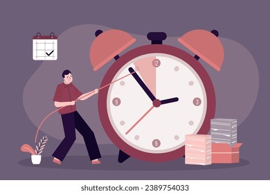 Businessman does not have enough time to complete task or work. Male employee pulls clock back. Bad time management, concept. Alarm watch with deadline, last call. Ineffective workflow. flat vector