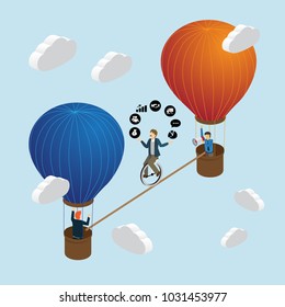 businessman doing acrobatics between balloon air