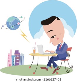 A businessman doing business on his laptop by browsing internet websites.vector illustration