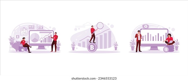 Businessman doing business and stock growth planning and strategy, Businessman was sitting on Bitcoin, and the young man was trading online. Stock Trading concept. 