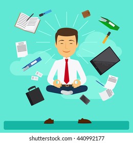 Businessman doing business yoga in lotus pose. Vector illustration