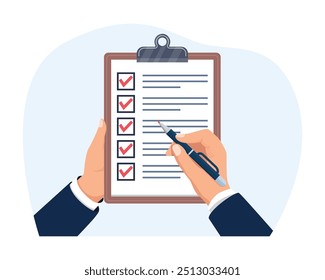 Businessman doing check marks on checklist Clipboard and agreement. Checklist on clipboard. Vector illustration.