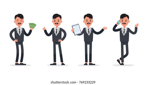Businessman doing different gestures. Character vector design.
