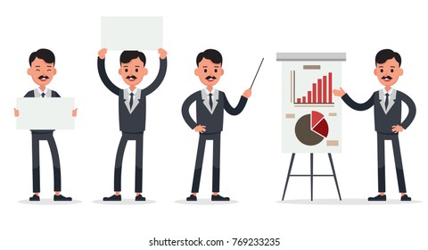 Businessman doing different gestures. Character vector design.
