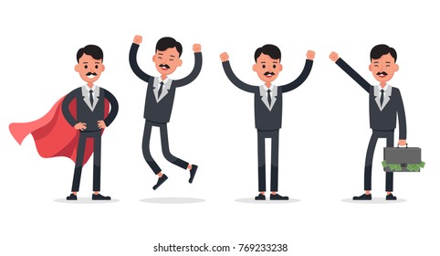 Businessman doing different gestures. Character vector design.
