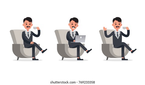 Businessman doing different gestures. Character vector design.
