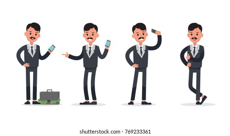 Businessman doing different gestures. Character vector design.
