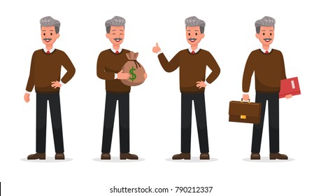 Businessman doing different gestures. Character vector design.