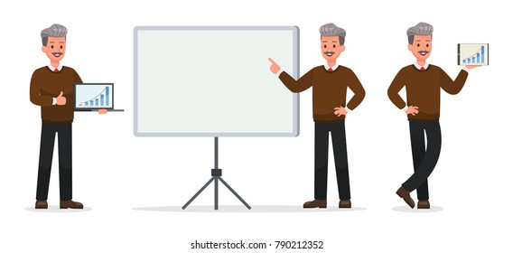 Businessman doing different gestures. Character vector design.