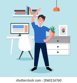 Businessman doing exercise in office concept vector illustration. Office syndrome prevention. Stretching exercise.