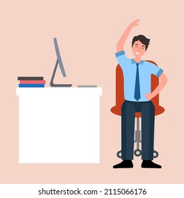 Businessman doing exercise in office concept vector illustration. Office syndrome prevention. Stretching exercise.