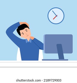 Businessman doing exercise in office concept vector illustration. Office syndrome prevention. Stretching exercise.