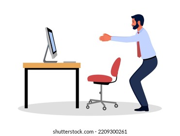 Businessman doing exercise in office concept vector illustration. Office syndrome prevention. Stretching exercise.