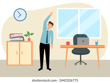 Businessman doing exercise in office concept vector illustration. Office syndrome prevention. Stretching exercise.