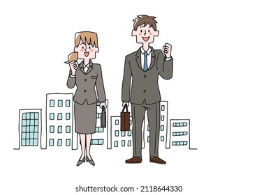 A businessman doing a guts pose in a building street, a comical handwritten person illustration, a simple color on a vector line drawing