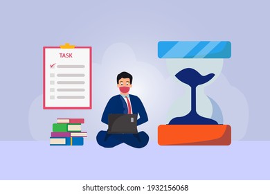 Businessman doing his task list while using laptop with hourglass