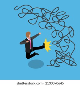 Businessman Doing Kung Fu Kick Breaking Through Complex Problems Isometric 3d Vector Concept For Banner, Website, Illustration, Landing Page, Flyer, Etc.