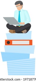 Businessman doing large amount of work. Busy male employee sitting at stack of folders with laptop and working remotely. Man freelancer works with technology to complete assignments on time