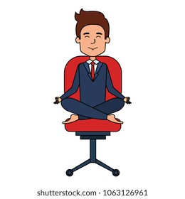 businessman doing the lotus position in office chair