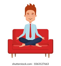 businessman doing the lotus position in the sofa