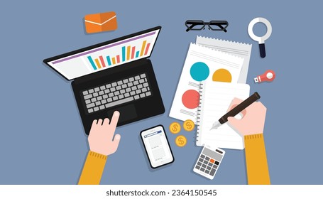 businessman doing market analysis using laptop and write on book, Flat design concept.