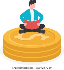 Businessman Doing Meditation in Lotus Pose on Dollar Coin and Financial Graph. Financial Analysis and Business Expert Concept.

