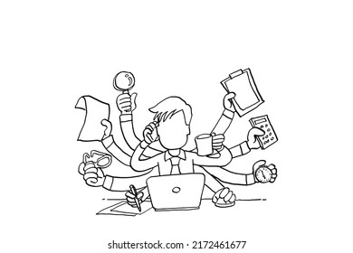 Businessman doing multiple job at once. Concept of multitasking and burnout. Cartoon vector illustration design