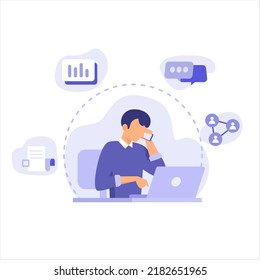 un hombre de negocios está haciendo multitareas haciendo su trabajo en su portátil y por teléfono en su escritorio